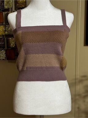 Striped Square-Neck Knit Tank in Mauve and Tan